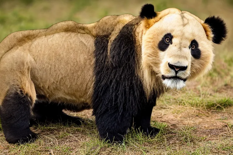 Image similar to a lion panda!!! hybrid! hyper realistic!! realistic lighting!! wildlife photographer of the year!!! bold natural colors, national geographic, hd, wide angle, 8 k