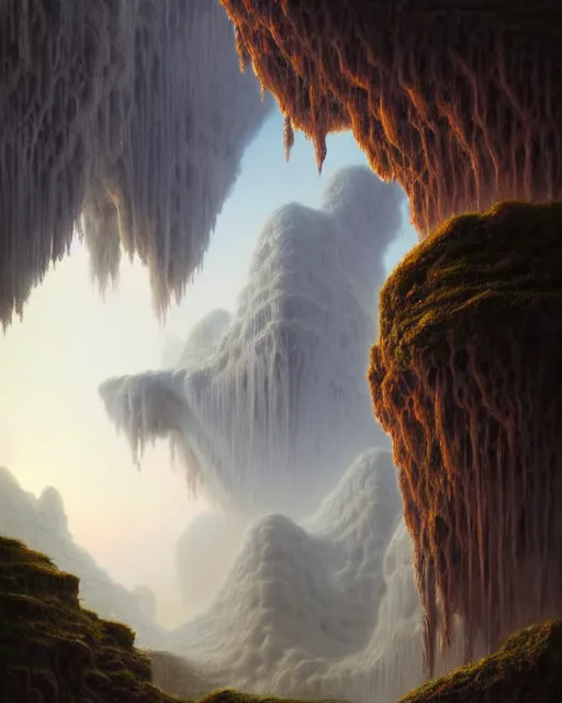 Prompt: a hyper - detailed 3 d render of the ancient hidden city of cloud caves, surrealism!!!!! surreal concept art, lifelike, photorealistic, digital painting, aesthetic, smooth, sharp focus, artstation hd, by greg rutkowski, bruce pennington, valentina remenar and asher duran,