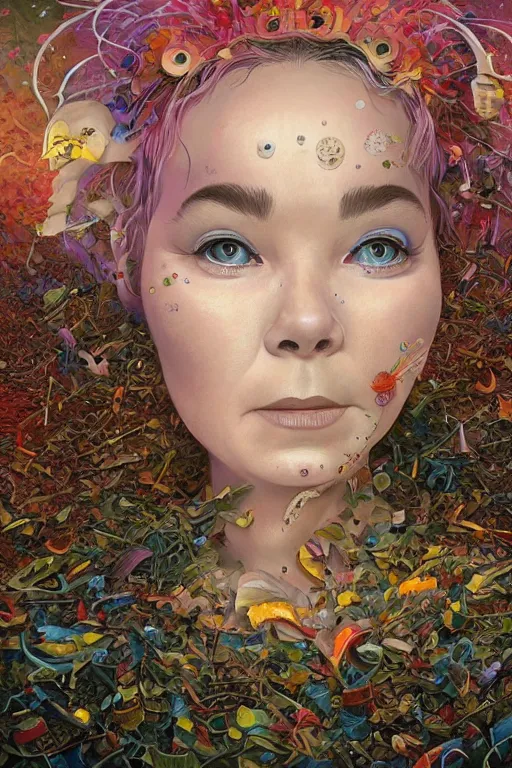 Image similar to bjork portrait by hubert robert and lee madgwick and roger dean and jacek yerka, dan mumford and alex grey style, soft lighting, 4 k hd wallpaper illustration concept joy atmospheric lighting