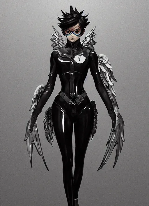 Image similar to full body artwork of tracer overwatch, wearing black latex outfit, in style of zdzisław beksinski, angel wings, dramatic painting, wearing detailed steel collar, black shiny armor, chains, black harness, detailed face and eyes,