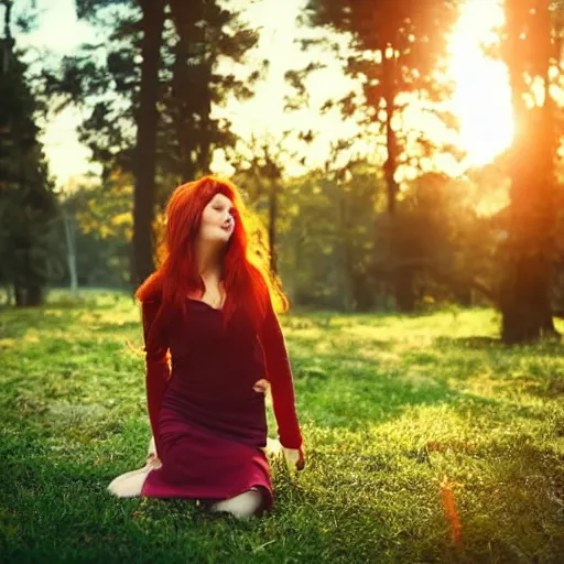 Prompt: beautiful redhead woman looking up at an angle full body with magic hour light