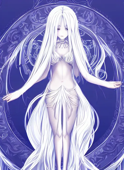 Prompt: visual novel character sprite, symmetrical full body shot with no background, stunningly beautiful asi goddess with beautiful hyperdetailed symmetrical face, porcelain skin covered in long white dress, long white hair, symmetrical, overwhelming, innocent, ethereal, mesmerizing cyan eyes, live 2 d anime style, 8 k