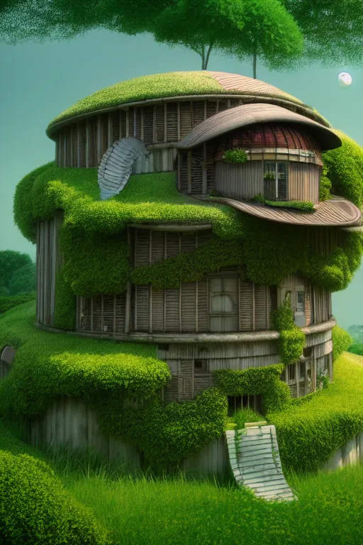 Prompt: cylindrical house, solarpunk, studio ghibli, jean - baptiste monge, octane render, 4 k, overgrown