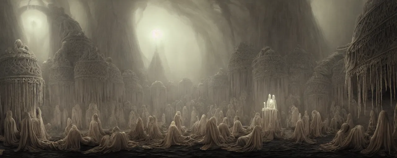 Prompt: A painting of priestesses worshipping at the jellyfish temple, shrouded in mist, jellyfish god, 8K, illustration, by Gustave Dore and Greg Rutkowski, smoke, cinematic, insanely detailed and intricate, hypermaximalist, elegant, super detailed, award-winning, mauve and cyan, mysterious, ancient, ritual, ethereal, trending in cgsociety, artstation HQ, ornate, elite, haunting, matte painting