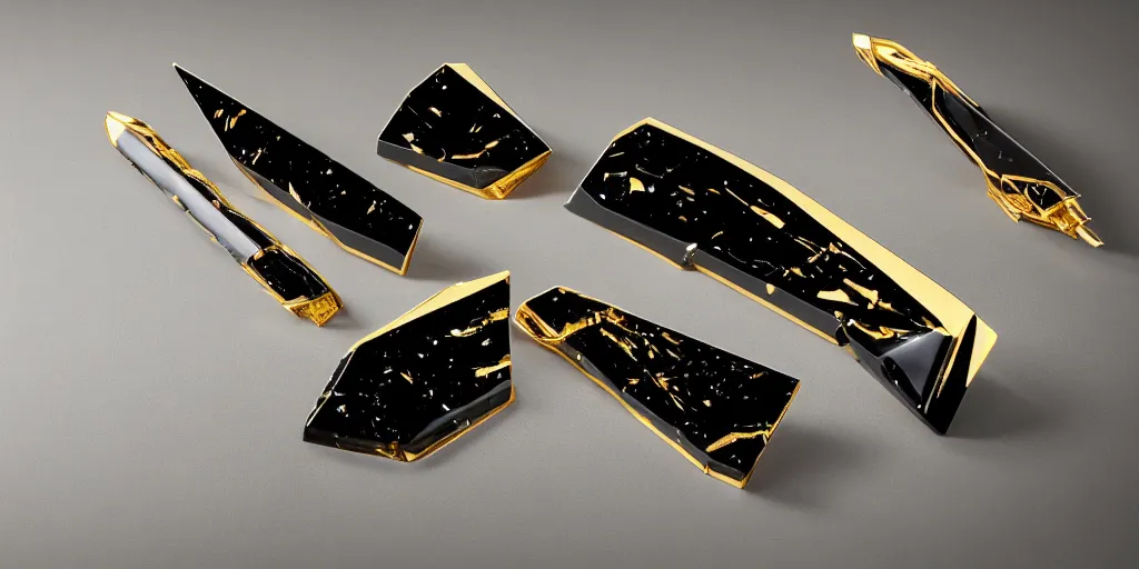 Image similar to sleek interstellar weapons in gleaming obsidian black and scintillating 24K gold designed by HP