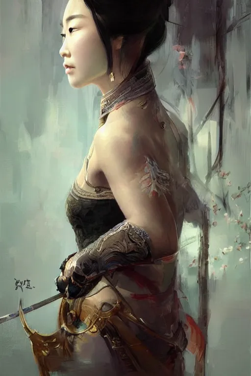 Image similar to a beautiful Chinese woman archer stares intently into the soul, beautiful bone structure, symmetrical facial features, intricate, elegant, digital painting, concept art, smooth, sharp focus, illustration by Ruan Jia and Mandy Jurgens and Artgerm and William-Adolphe Bouguerea