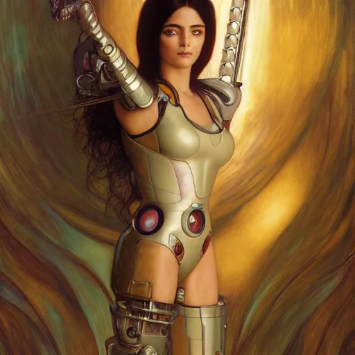 Prompt: Masterpiece portrait of battle angel Alita drawn by Donato Giancola and Tom Bagshaw, face by Artgerm and Edmund Leighton, Alphonse Mucha, background by James Jean and Gustav Klimt, 4k, robotic body, volumetric Lighting, porcelain skin, komorebi, french nouveau, trending on pixiv, octane render, hyperrealistic