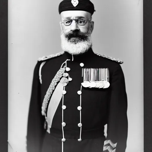 Prompt: his excellency the ambassador, a bearded man in his early 6 0 s with a pleasant look and dark, receding hair, his military uniform bearing two medals, black and white photography, kodak retina i, 3 5 mm, photo taken 1 9 0 8