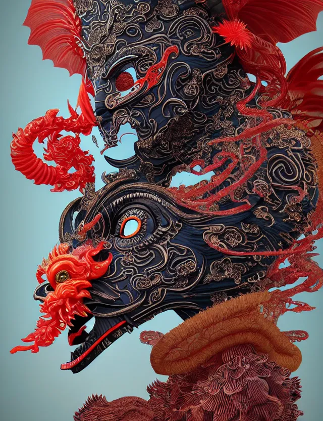 Image similar to 3 d demon in venetian mask close - up profile portrait. beautiful intricately detailed japanese crow kitsune mask and clasical japanese kimono. betta fish, jellyfish phoenix, bio luminescent, plasma, ice, water, wind, creature, artwork by tooth wu and wlop and beeple and greg rutkowski