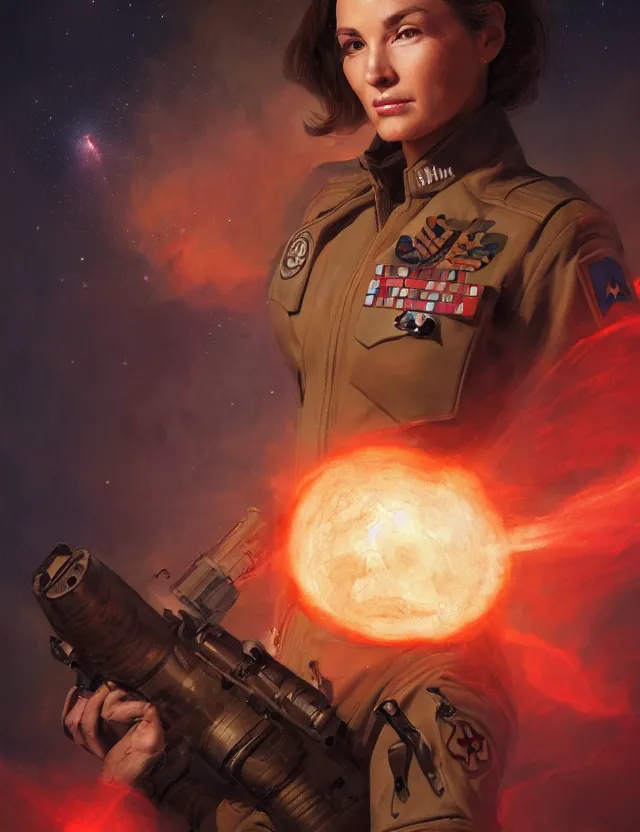 Image similar to a brown - haired woman in a military uniform hovering in the air glowing with red light and crackling energy, by frank fazetta and peter mohrbacher, trending on artstation, digital art, 4 k resolution, detailed, high quality, sharp focus, hq artwork, coherent, insane detail, concept art, character concept, character full body portrait