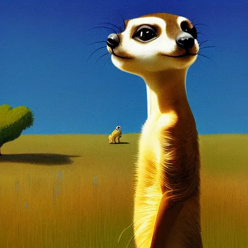 Image similar to goro fujita ilustration a meerkat in profile looking over the meadow, on a sunny day by goro fujita, painting by goro fujita, sharp focus, highly detailed, national geographic