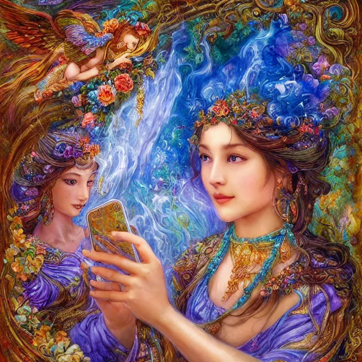 Image similar to goddess of water checking her phone, magic realism, art by josephine wall, art by huang guangjian, art by viktoria gavrilenko, art by amanda sage, trending on artstation