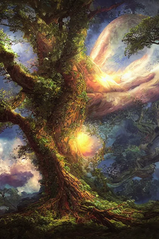 Image similar to tree of four seasons, volymetric light, highly detailed matte painting by noriyoshi ohrai, by charlie bowater, by mark brooks