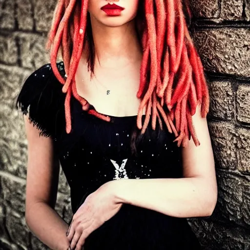 Image similar to instagram photography flawless beautiful female with blonde and red dreadlocks in a black ballgown, dark, piercing eyes, exotic stoic expression, photorealistic, highly detailed, mysterious lighting, smooth, sharp focus, 8 0 mm camera