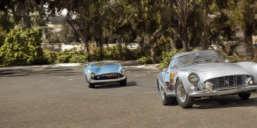 Image similar to photograph, 1958 FERRARI 250 GT, by Peter Singhof, press release, cinematic, PCH, california coast, 8k, depth of field, bokeh.