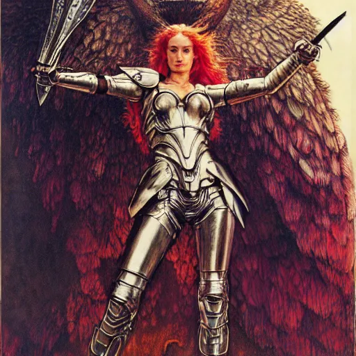 Image similar to quarter length portrait of a armored female valkyrie with a flaming sword, d & d, fantasy, luis royo, magali villeneuve, donato giancola, wlop, krenz cushart, hans zatka, klimt, alphonse mucha