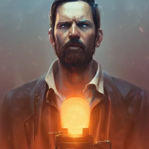 Image similar to scientist who just made a huge mistake, light stubble, digital art, photorealistoc, art by greg rutkowski, hyperdetailed, western comic style, comic, comic style, sharp lineart, professional lighting, deviantart, artstation, trevor henderson, rossdtaws, cinematic, dramatic