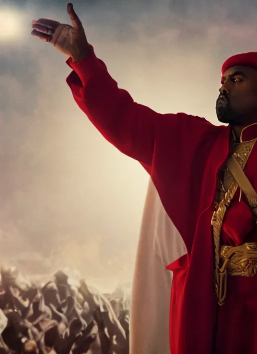 Image similar to kanye west as muammar kadhafi and emperor napoleon, splash art, movie still, detailed face, cinematic lighting, dramatic, octane render, long lens, shallow depth of field, bokeh, anamorphic lens flare, 8 k, hyper detailed, 3 5 mm film grain