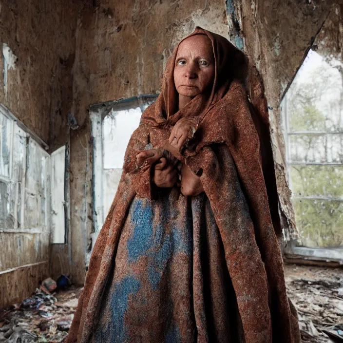 Prompt: closeup portrait of a woman wearing a cloak made of toys, standing in a desolate abandoned house, by Annie Leibovitz and Steve McCurry, natural light, detailed face, CANON Eos C300, ƒ1.8, 35mm, 8K, medium-format print