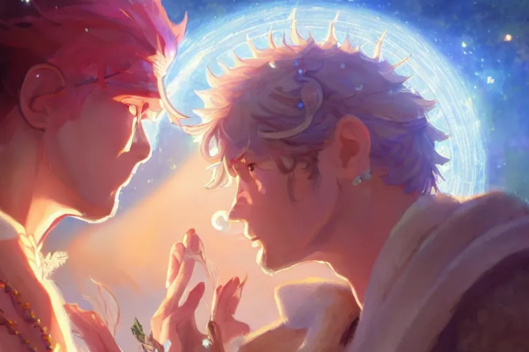 Image similar to close up moment of a divine a sun god and a moon goddess lovers magician at a wedding banquet, highly detailed, d & d, fantasy, 4 k realistic, digital painting, trending on artstation, concept art, sharp focus, illustration, art by makoto shinkai and akihiko yoshida and daniel gerhartz