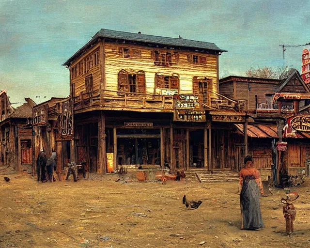 Prompt: from a movie scene, painting of a western saloon exterior in old town, gregory crewdson, beksinski, cinematic