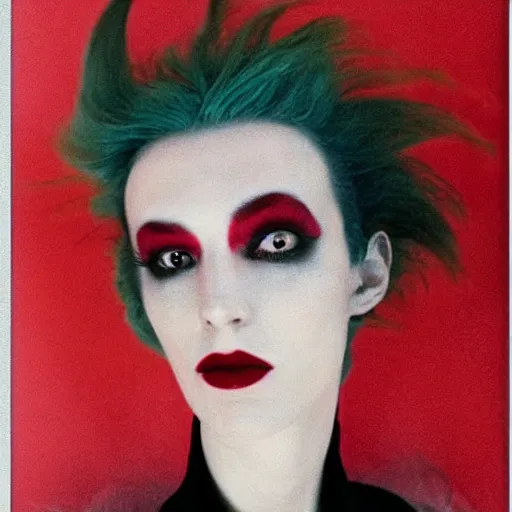 Image similar to bauhaus aesthetic: a faerie noble androgynous creature, scarlet red grinning lips