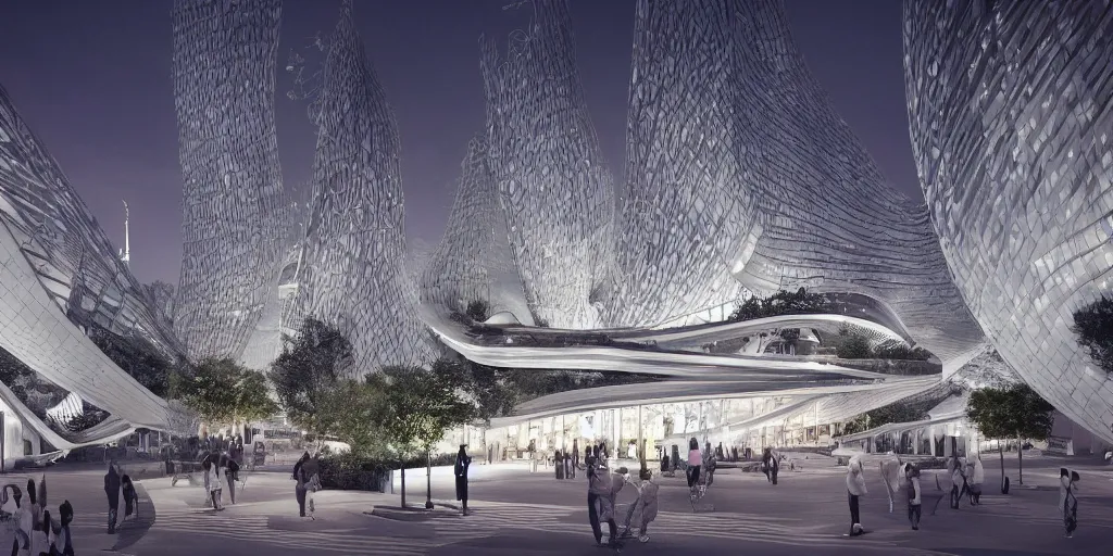 Image similar to city design by Zaha Hadid in starry nigth in the background