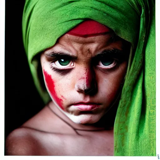 Prompt: portrait of american bulldog as afghan girl, green eyes and red scarf looking intently, photograph by steve mccurry, national geographic