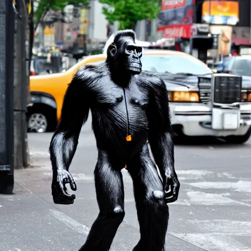 Prompt: terminator ape walking down new york streets