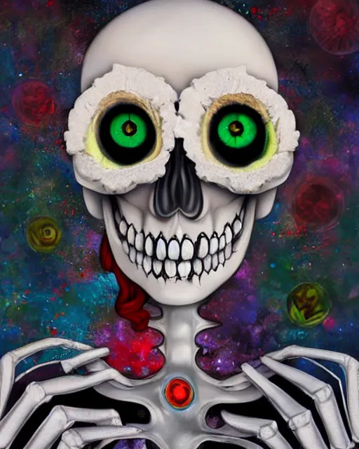 Image similar to a surrealistic head and shoulder painting of a gorgeous female skeleton with cat eyeballs and lipstick and hoodie, in the style of salvador dali, digital art, detailed masterpiece