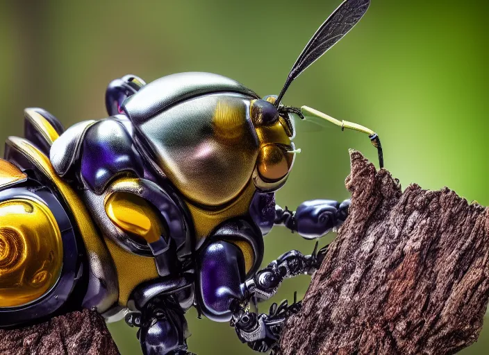 Image similar to super macro of an robotic mechanical cyborg bee drinking from a flower in the forest. fantasy magic style. highly detailed 8 k. intricate. nikon d 8 5 0 3 0 0 mm. award winning photography.