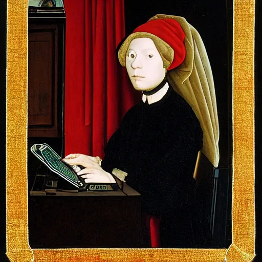 Image similar to a portrait of a person jacked into their cyberdeck by Jan van Eyck