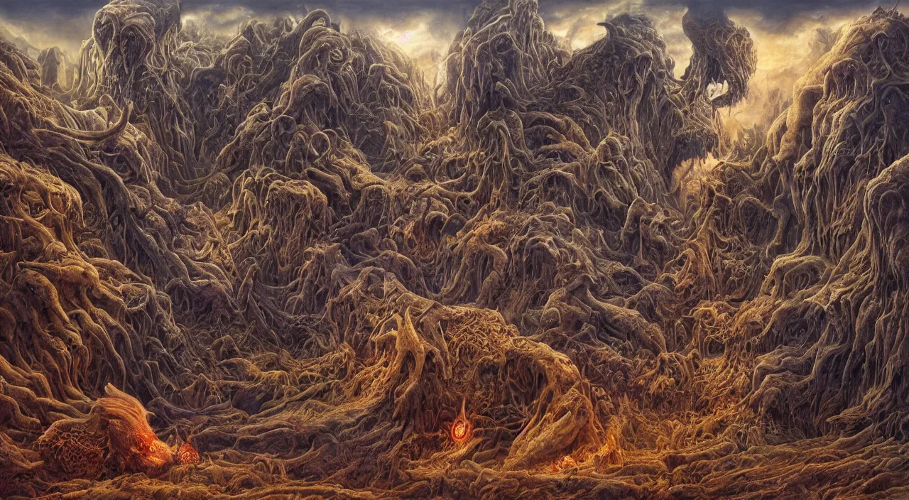 Image similar to a beautiful detailed portrait of satan with long horns. huge razor claws and fiery vortex eyes in a vast cosmic hellscape by roger dean, by laurie lipton, detailed, realistic shadows, volumetric lighting, mythical, rendered in redshift, matte painting