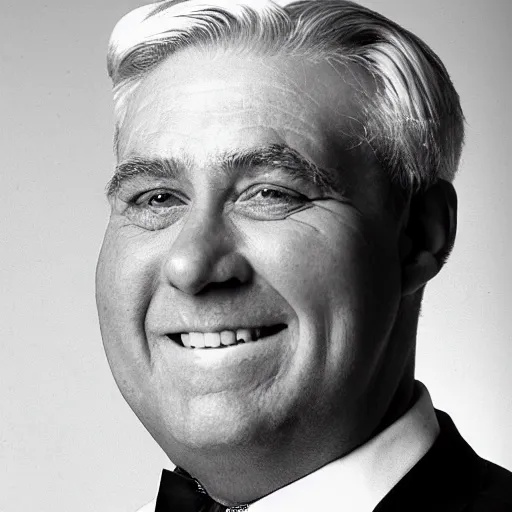 Image similar to close - up portrait of chubby chubby chubby white clean - shaven man in his sixties with white hair wearing a suit and tie, open mouthed smile,