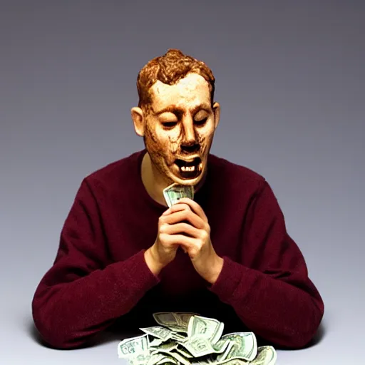 Image similar to portrait of a broken man eating money, wax figure