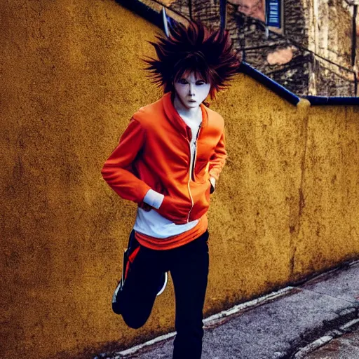 Prompt: orange - haired anime boy, 1 7 - year - old anime boy with wild spiky hair, wearing red jacket, running through italian town, yellow sunshine, sepia sun, strong lighting, vivid lighting, ultra - realistic, sharp details, subsurface scattering, intricate details, hd anime, 2 0 1 9 anime