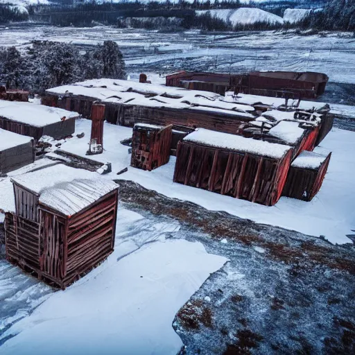 Prompt: top down drone footage of post pocaliptic frostpunk landscape, old abandoned lumber mill, crates with wood and supply, beautiful icy area