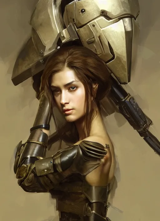 Image similar to a professional painting of a beautiful young female, clothed in military armor, olive skin, long dark hair, beautiful bone structure, symmetrical facial features, intricate, elegant, digital painting, concept art, smooth, sharp focus, illustration, from Metal Gear, by Ruan Jia and Mandy Jurgens and Artgerm and William-Adolphe Bouguerea