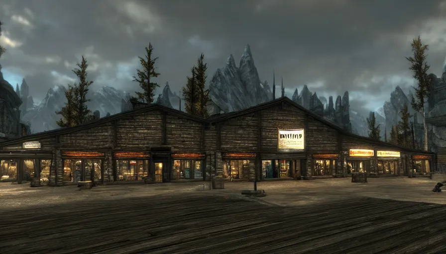 Prompt: skyrim screenshot of a walmart supercenterr in the middle of the whiterun cloud district, shopping building, bokeh, 4 k, enb, godrays, ultra render, anti - aliasing, post - processing