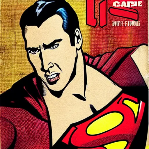 Image similar to Nicholas Cage Superman comic book. Cage is superman. Marvel comics art style. Halftone