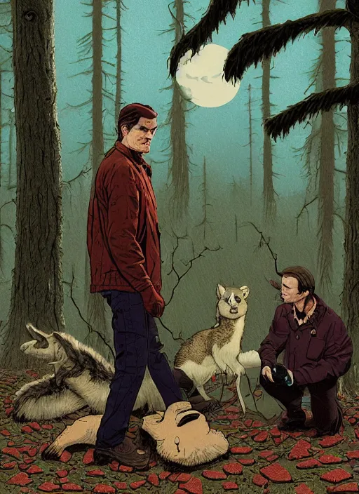 Prompt: Twin Peaks poster art, of Michael Shannon the mechanic discovering a man dressed as a Furry in the woods, mysterious creepy, poster artwork by Michael Whelan, Bob Larkin and Tomer Hanuka, from scene from Twin Peaks, simple illustration, domestic, nostalgic, from scene from Twin Peaks, clean, full of details, by Makoto Shinkai and thomas kinkade, Matte painting, trending on artstation and unreal engine