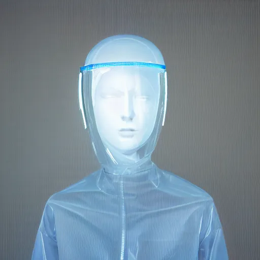 Image similar to an ultra high definition professional studio quality photograph of a transparent iridescent perspex pastel coloured ( face ) visor and matching raincoat on a white coat hook in an empty white room. dramatic lighting, ray tracing, refraction, shallow d. o. f, colour corrected, golden ratio, three point light. volumetric shadows. light rays.