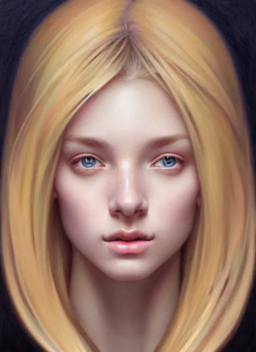 Image similar to beautiful symmetrical face! portrait of young woman blessed with ever - increasing physical and mental perfection, realism, blonde hair, perfect face!! intricate, elegant, highly detailed, vision of holy perfection!! digital painting, artstation, concept art, smooth, sharp focus, illustration, humanity, art by artgerm and greg rutkowski and alphonse mucha