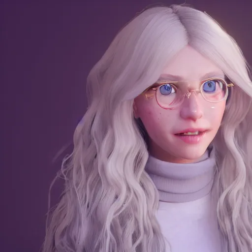 Image similar to Render of Lily, a cute 3d young woman, long white hair, full round face, light blue eyes, bisque skin tone, cute freckles, light red blush, smiling softly,wearing casual clothing, interior lighting, cozy living room background, medium shot, mid-shot, hyperdetailed, trending on Artstation, Unreal Engine 4k