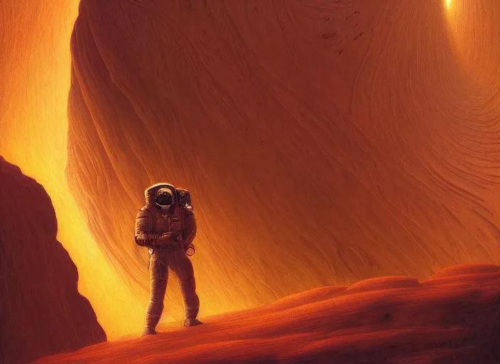 Prompt: a cosmonaut surrounded by a martian canyon, by jean delville and sophie anderson and mandy jurgens and ralph mac quarrie, retrofuturism, moody atmosphere, cinematic atmospheric, cinematic lighting, golden ratio, perfect composition, elegant, no crop, extremely detailed, 4 k, hd, sharp focus, masterpiece, trending on artstation