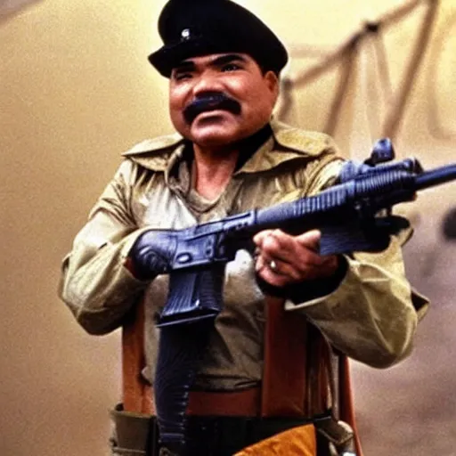 Image similar to George Lopez dressed as a Colonial Marine from Aliens (1986).