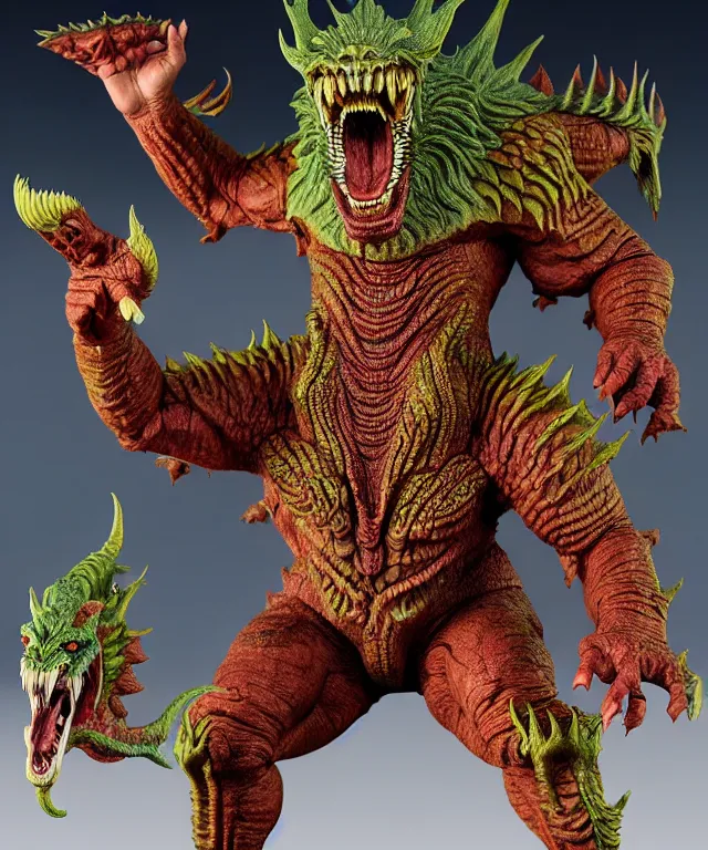 Image similar to a hyperrealistic rendering of an epic boss fight against an ornate king emporer kaiju beast god by art of skinner and richard corben, product photography, collectible action figure, sofubi