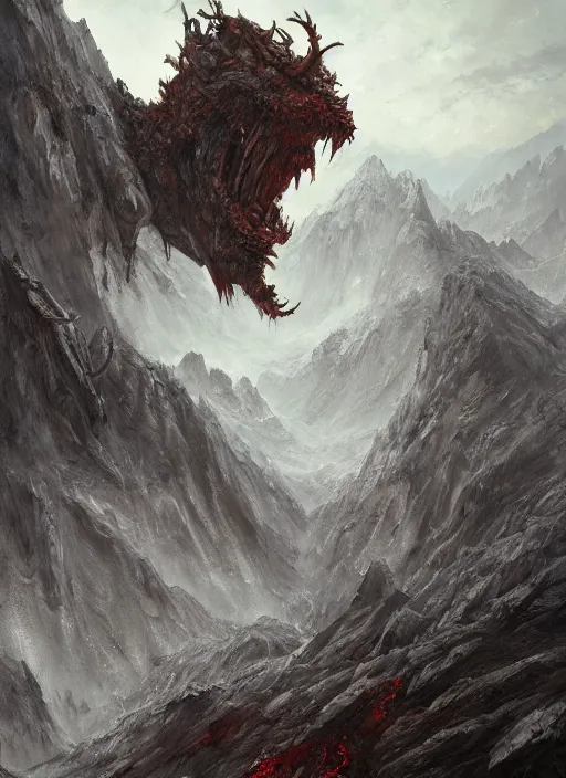 Prompt: a monster in the mountains of hell, oil painting by tomasz jedruszek, cinematic lighting, pen and ink, intricate line, hd, 4 k, million of likes, trending on artstation