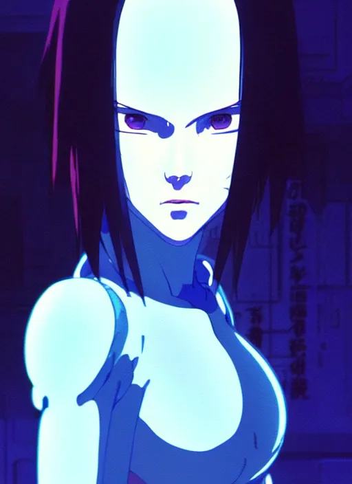 Image similar to a film still portrait of a motoko kusanagi ghost in the shell, finely detailed features, closeup at the faces, perfect art, at a cyberpunk city, gapmoe yandere grimdark, trending on pixiv fanbox, painted by greg rutkowski makoto shinkai takashi takeuchi studio ghibli, akihiko yoshida