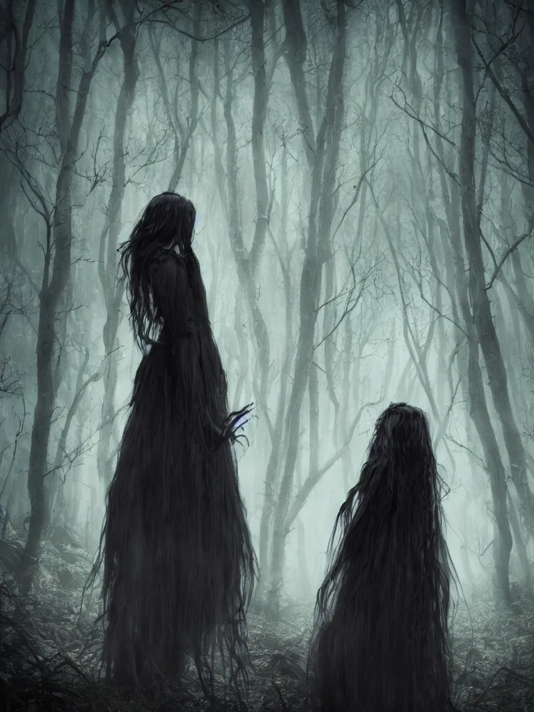 Image similar to beautiful dark witch in a gloomy horror forest cinematic, realistic, detailed, full body